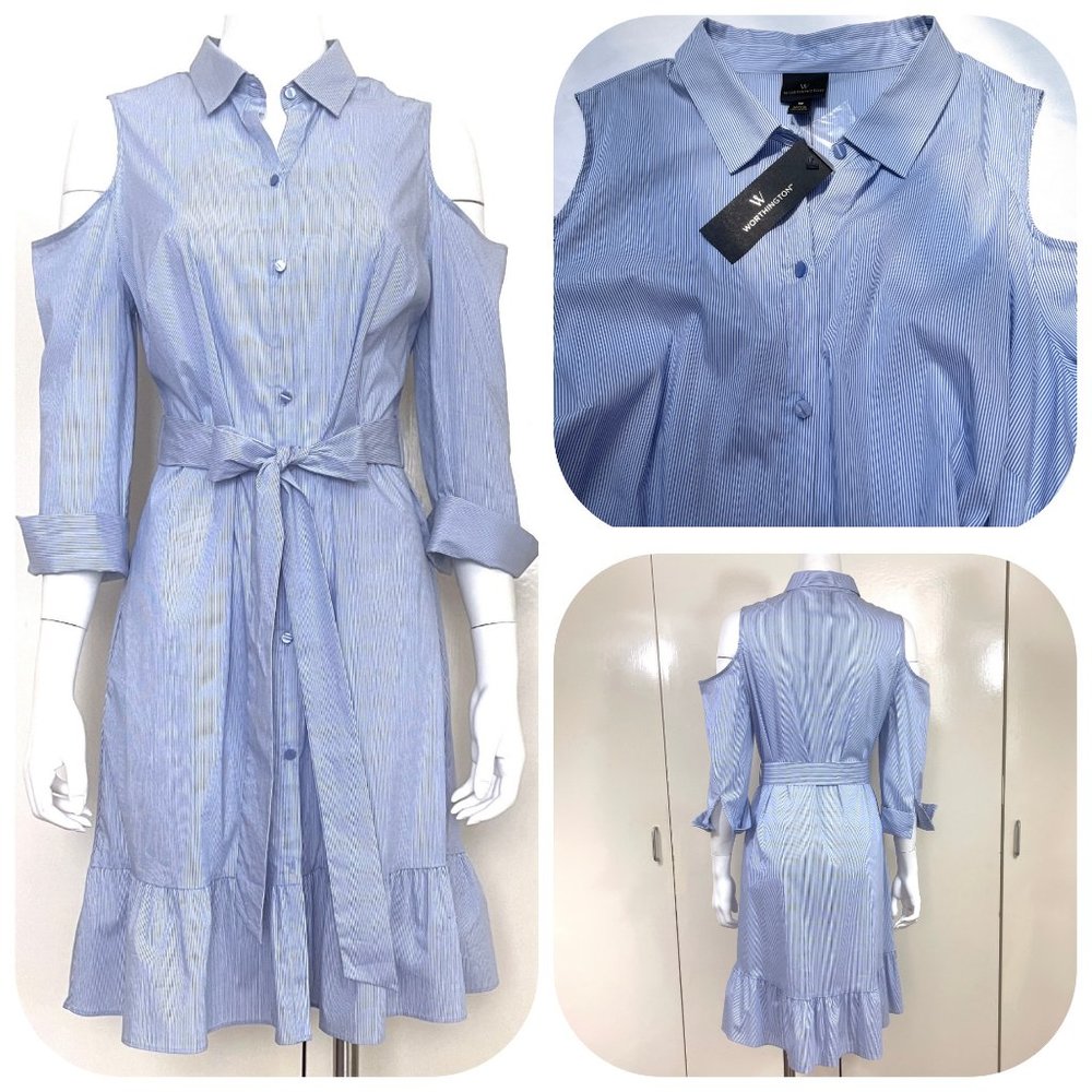 NWT Worthington Stripe cold shoulder stretchy cotton shirtdress 12